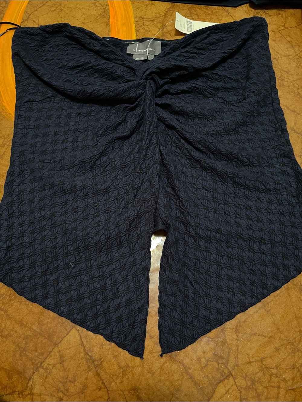 Anthropologie Black & Navy Textured Twist-Front Strapless top Sz Lg NWT